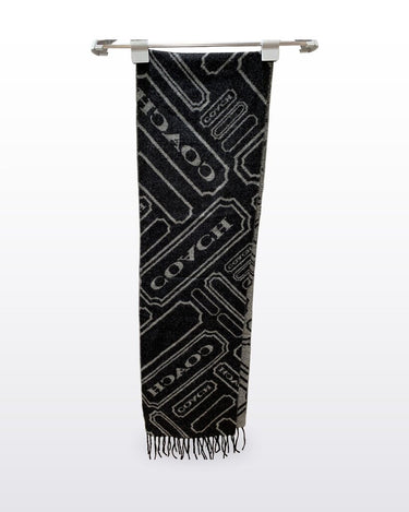 Coach Black & Grey Wool Cashmere Logo Tag Jacquard Scarf