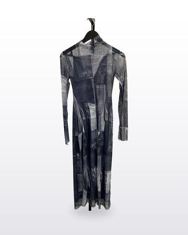 Zara Denim Patchwork Print Mesh Maxi Dress sz XS