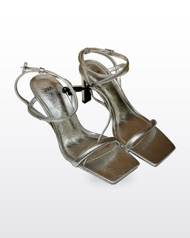 Zara Metallic Silver Strappy Square Toe Heeled Sandals sz 38