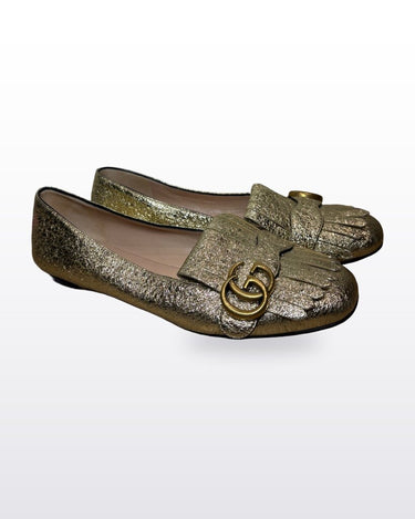 Gucci Metallic Gold Fringed Interlocking-G Loafers sz 38½