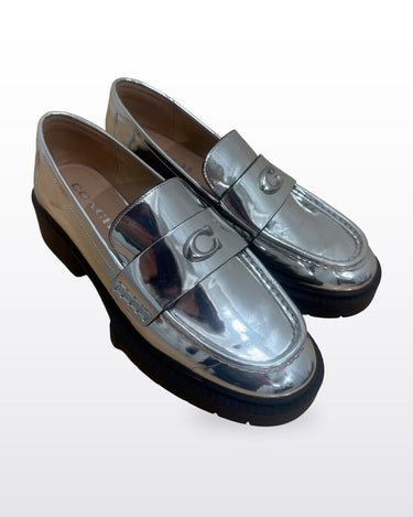 Coach Metallic Silver C-Hardware Platform Loafers sz 8