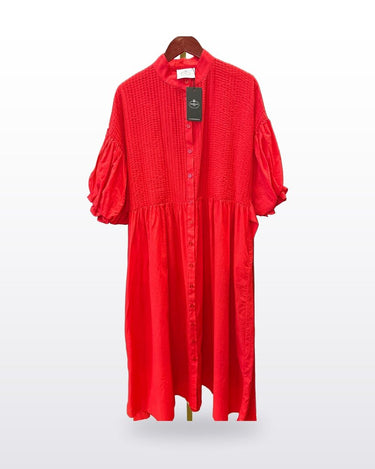 Marielle Almelo Red Cotton Pintuck Puff Sleeve Button-Down Midi Dress sz OS