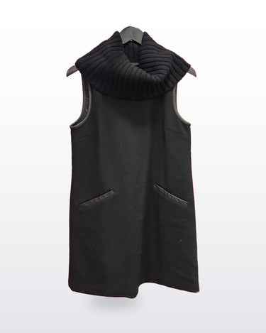 Theory Black Knit Cowl Neck Shift Dress with Leather Trim sz 8