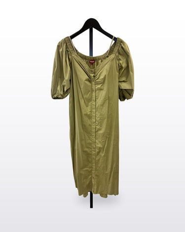 STAUD Puff Sleeve Button-Down Midi Dress in Olive Green sz M