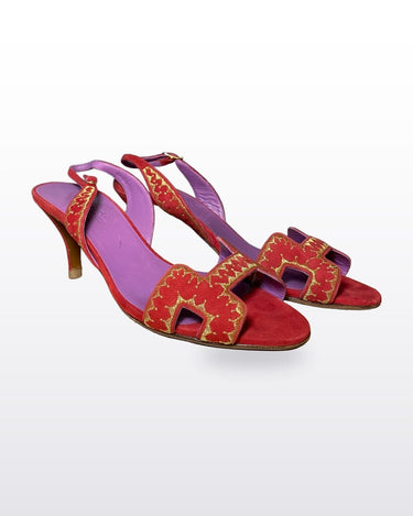 Hermès Red and Gold Embroidered H-Strap Heeled Sandals sz 38