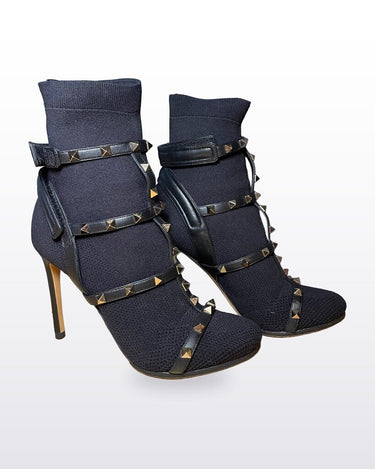 Valentino Garavani Black Rockstud Knit Sock Ankle Booties sz 37