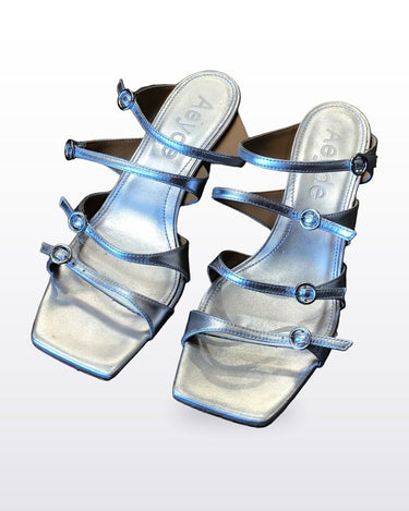 Aeyde Silver Metallic Strappy Buckled Square Toe Block Heel Sandals sz 39