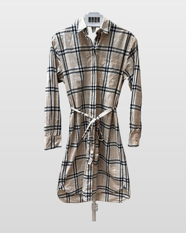 Burberry Beige Check Long Sleeve Belted Shirt Dress sz 4