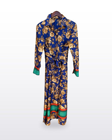 Zara Blue Floral Long Sleeve Belted Midi Shirt Dress sz S
