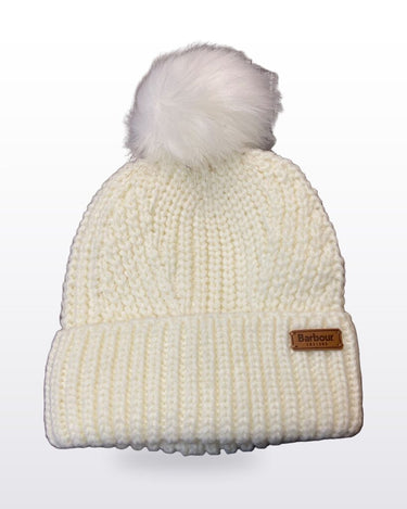 Barbour Cream Knit Faux Fur Pom Pom Beanie sz One Size