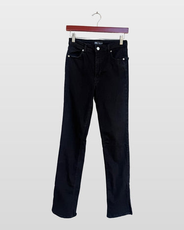 Zara Black High Rise Split Hem Straight Leg Jeans sz 8