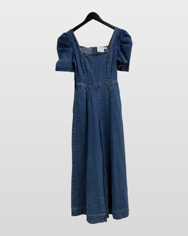 C/MEO COLLECTIVE Denim Puff Sleeve Wide Leg Jumpsuit sz XS