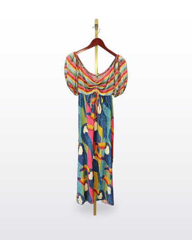 Farm Rio Toucan Print Striped Puff Sleeve Midi Dress sz M