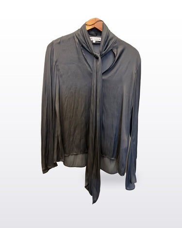 Zara Black Satin Tie-Neck Long Sleeve Blouse sz S