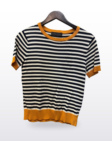 Zara Striped Knit Short Sleeve Top with Mustard Trim sz S