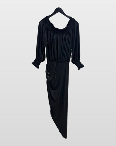 Norma Kamali Black Metallic Off-the-Shoulder Long Sleeve Midi Dress sz XS/34