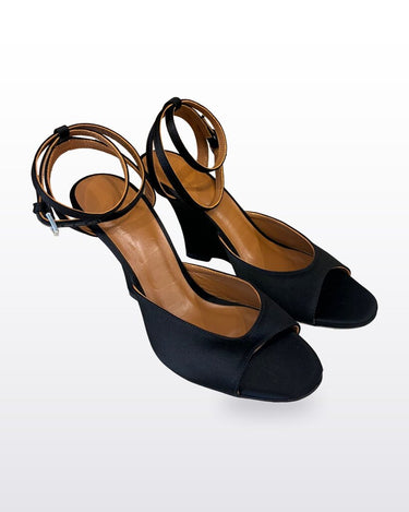 STAUD Black Satin Ankle-Strap Peep-Toe Wedges sz 37
