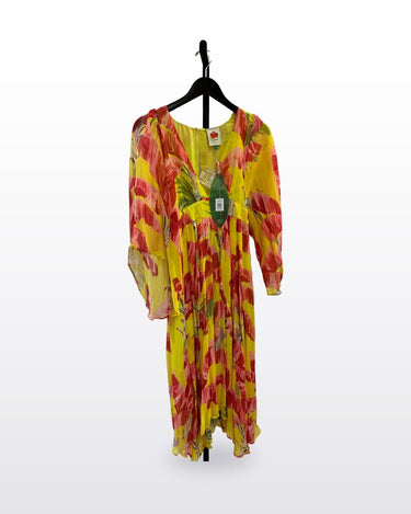 Farm Rio Yellow Tropical Leaf Print Long Sleeve Maxi Dress sz S