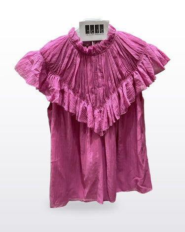 Rebecca Taylor Pink Silk-Cotton Pleated Ruffle Top sz S