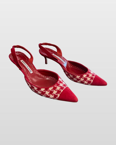 Manolo Blahnik Carolyne Tweed Houndstooth Suede Slingback Pumps sz 40 1/2