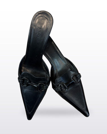 Gucci Black Pointed-Toe Horsebit Heeled Mules sz 9 1/2 B