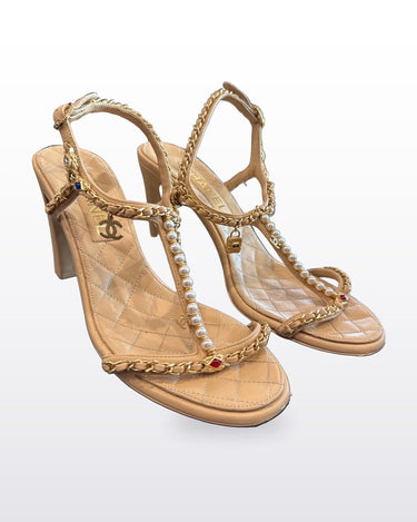 Chanel Quilted Chain and Pearl Embellished Heeled Sandals sz 40½
