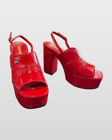 Chanel Red Patent Leather Platform Slingback Sandals sz 41