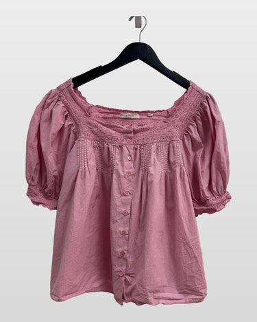 Dôen Pink Eyelet Puff Sleeve Pintuck Blouse sz M