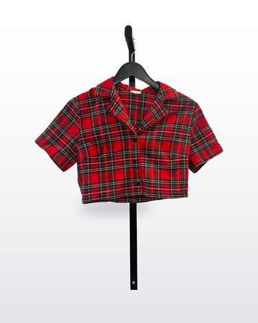 John Galt Red Plaid Cropped Short Sleeve Shirt sz XS