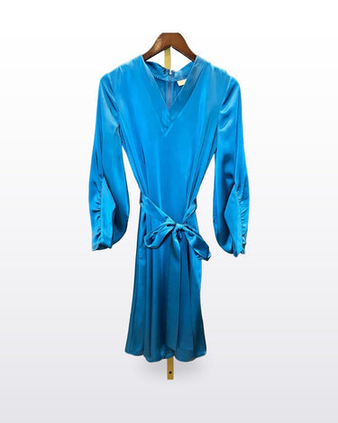 Sachin & Babi Blue Satin Long Sleeve Belted Dress sz 6