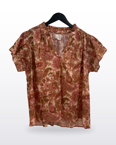 Birds of Paradis by Trovata Paisley Ruffle Neck Short Sleeve Blouse sz LARGE