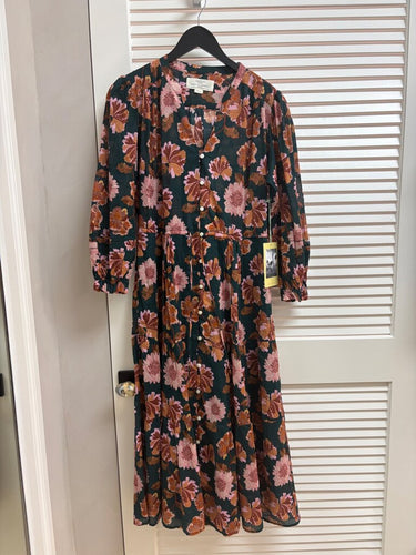 Birds of Paradis Floral Print Button Front Tiered Midi Dress sz SMALL
