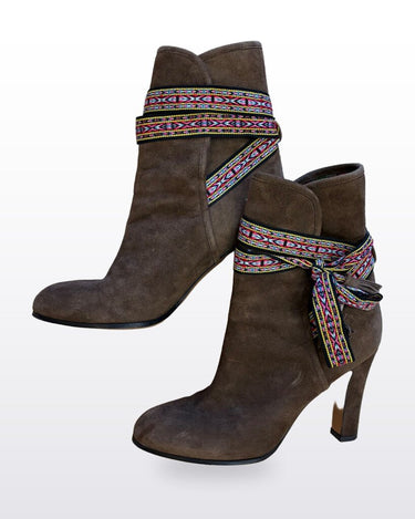 Brown Suede Embroidered Wrap Mid-Calf Heeled Boots sz 41