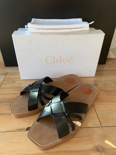 Chloé Kacey Flat Braided Leather Slide Sandals sz 39