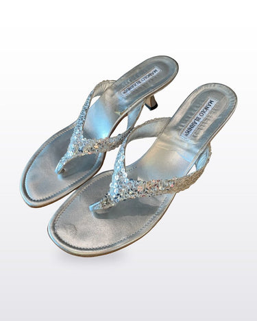 Manolo Blahnik Silver Sequin Thong Kitten Heel Sandals sz 37