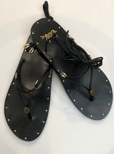 Beek Black Leather Seabird Cowrie Shell Wrap Sandals sz 6