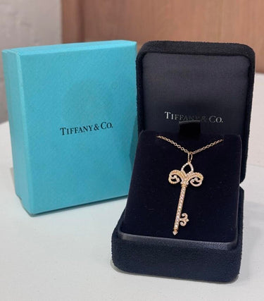 Tiffany & Co. 18K Gold & Diamond Fleur de Lis Key Pendant Necklace