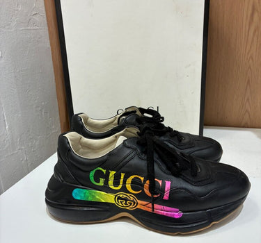 Gucci Black Leather Rainbow Logo Rhyton Sneakers sz 8