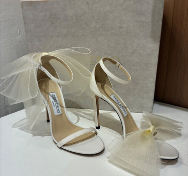 Jimmy Choo Ivory Aveline 100 Asymmetric Bow Sandals sz 38.5