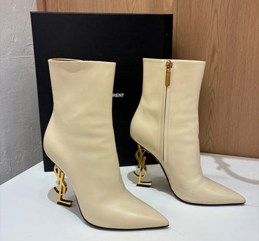 Saint Laurent Cream Leather Opyum Monogram Heel Ankle Boots sz 39