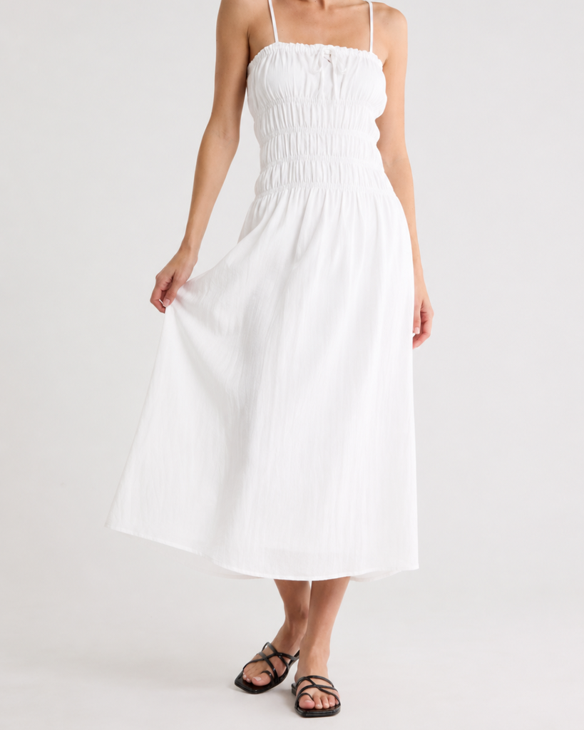 Onia Smocked Midi Dress in White
