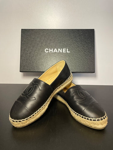 Chanel Black Lambskin Leather CC Espadrilles sz 37