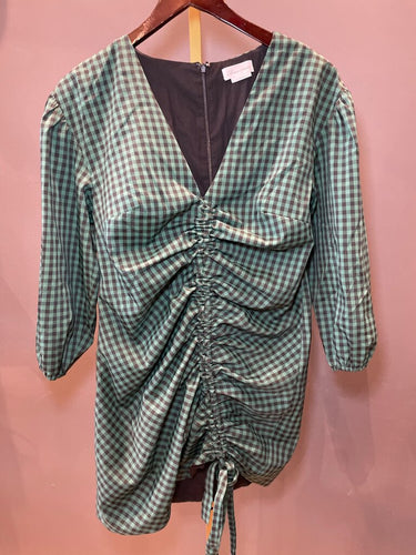 Lovers + Friends Green Gingham Ruched Mini Dress sz S