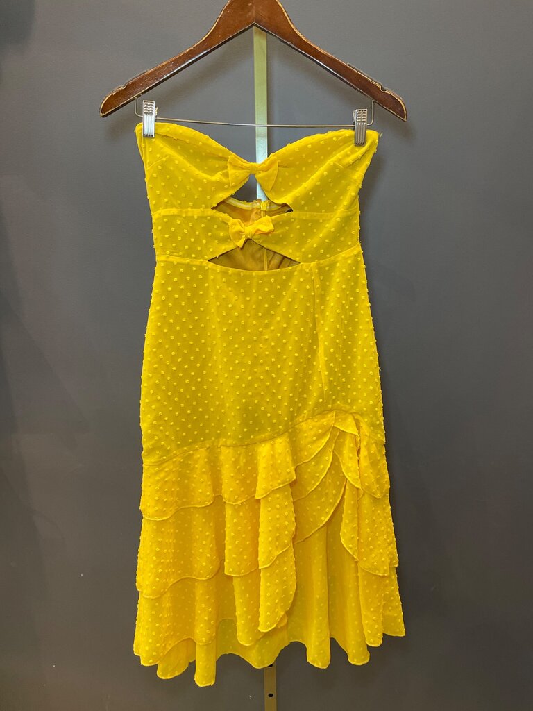 Majorelle Yellow Swiss Dot Strapless Tiered Midi Dress sz S