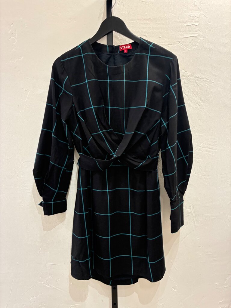 Staud Black & Teal Windowpane Twist-Front Cutout-Back Mini Dress sz L