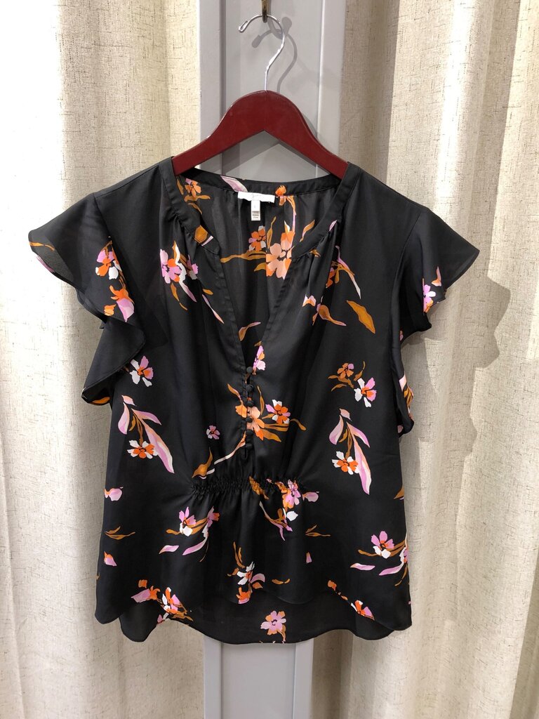 Joie Black Floral Flutter Sleeve Blouse sz L