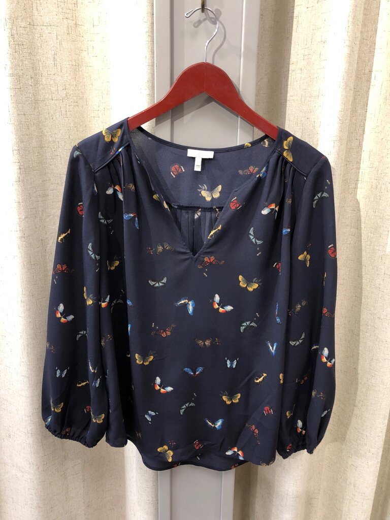 Joie Navy Butterfly Print Long Sleeve Blouse sz L