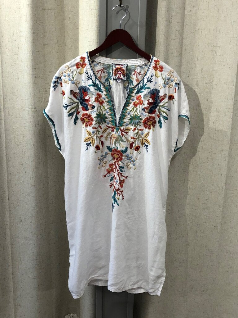 Johnny Was Embroidered Linen-Blend Short Sleeve Tunic sz XL