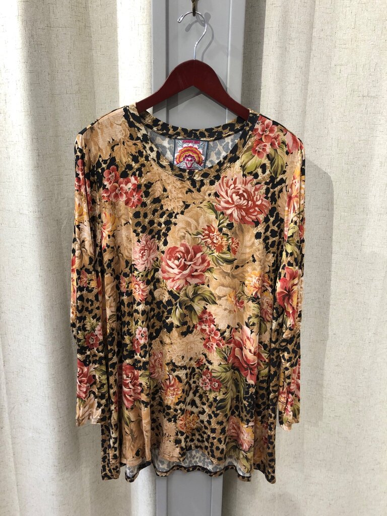 Johnny Was Floral Leopard Mixed Print Long Sleeve Top sz XL