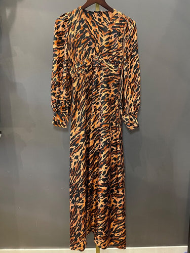 Sandro Tiger Print Satin Long Sleeve Maxi Dress sz 36